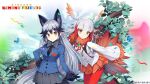  2girls animal_ears bird_girl bird_tail bird_wings blazer bow bowtie bug butterfly copyright_name extra_ears feathered_wings fox_ears fox_girl gloves grey_hair head_wings highres jacket japanese_crested_ibis_(kemono_friends) kemono_friends kemono_friends_kingdom long_hair multicolored_hair multiple_girls nature necktie official_art orange_eyes outdoors pantyhose red_hair shirt silver_fox_(kemono_friends) skirt tail two-tone_hair white_hair wings yellow_eyes 