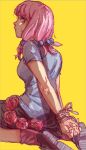  1girl arms_behind_back black_skirt bound bound_wrists braid breasts commentary_request flower from_side green_eyes hair_bobbles hair_ornament hirose_yasuho jojo_no_kimyou_na_bouken jojolion medium_breasts pink_flower pink_hair pink_rose quad_tails rope rose side_braid sitting skirt solo sweatdrop wariza yanglao_paopaoren yellow_background 