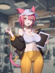 1girl animal_ears baseball_cap black_jacket borrowed_character breasts cleavage facial_mark fang gym hat hellk111 highres holding holding_stylus holding_tablet_pc jacket jacket_partially_removed kollie_(kollerss) large_breasts medium_hair midriff navel orange_pants original pants pink_eyes pink_hair pink_nails solo sports_bra stylus tablet_pc tail under_armour white_headwear white_sports_bra yellow_pants yoga_pants 
