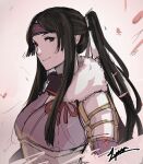  1girl black_hair cm_lynarc fire_emblem fire_emblem_awakening headband japanese_clothes long_hair ponytail say&#039;ri_(fire_emblem) signature smile solo_focus white_background 