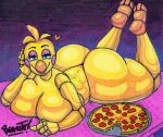  &lt;3 anthro avian beak bedroom_eyes big_breasts big_butt bird blue_eyes breasts butt chicken female five_nights_at_freddy&#039;s five_nights_at_freddy&#039;s_2 food galliform gallus_(genus) hi_res huge_breasts huge_butt looking_at_viewer lying narrowed_eyes non-mammal_breasts nude on_front parasitedeath phasianid pizza scottgames seductive smile solo thick_thighs toy_chica_(fnaf) yellow_body 