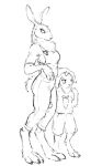  2022 age_difference annoyed anthro bottomwear clothing digitigrade duo female hand_on_head hotchkisstank lagomorph leporid looking_aside male mammal monochrome neck_tuft older_female rabbit shirt shorts simple_background suspenders t-shirt topwear tuft younger_male 