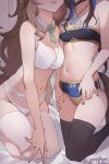  2girls \m/ absurdres artist_name bai_xiao-owl black_choker black_thighhighs blue_hair blush bra breasts brown_hair chinese_commentary choker colored_inner_hair commentary_request daitaku_helios_(umamusume) dated detached_collar head_out_of_frame highres horse_girl horse_tail jewelry kneeling long_hair medium_breasts mejiro_palmer_(umamusume) multicolored_hair multicolored_nails multiple_girls navel necklace necktie on_bed panties small_breasts smile strapless strapless_bra streaked_hair striped_necktie tail thighhighs umamusume underwear white_bra white_panties white_thighhighs 