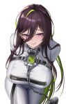  1girl absurdres arms_behind_back bending black_hair bodysuit bound bound_arms breasts chain contrapposto cuffs goddess_of_victory:_nikke green_hair guilty_(nikke) highres huge_breasts long_hair looking_at_viewer multicolored_hair nyatokanyaru parted_lips purple_eyes restrained shackles skin_tight solo straitjacket tongue tongue_out two-tone_hair very_long_hair white_bodysuit 