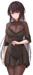  1girl absurdres black_dress bodystocking breasts brown_eyes brown_hair cleavage closed_mouth costone covered_navel cowboy_shot dress expressionless goddess_of_victory:_nikke highres large_breasts light_blush long_hair looking_at_viewer marciana_(nikke) solo white_background 