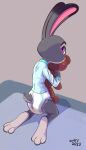  absurd_res anthro bodily_fluids clothing diaper disney extry feet female genital_fluids hi_res holding_object holding_plushie holding_teddy_bear judy_hopps kneeling lagomorph leporid long_ears looking_at_viewer looking_back mammal object_in_mouth pacifier pacifier_in_mouth pajamas plushie rabbit solo teddy_bear urine watermark wet_diaper wetting zootopia 