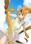  1girl animal_ears anklet blonde_hair blue_sky blush bracelet brown_eyes brown_hair circlet clenched_hands cloud elbow_gloves frilled_leotard frills gloves gold_trim golden_snub-nosed_monkey_(kemono_friends) gradient_gloves gradient_legwear gradient_leotard hair_between_eyes highres jewelry kemono_friends kicking leotard long_hair monkey_ears monkey_girl monkey_tail multicolored_hair orange_gloves orange_hair orange_thighhighs ponytail sidelocks sky solo tail tanabe_(fueisei) thighhighs two-tone_gloves two-tone_leotard two-tone_thighhighs white_leotard yellow_gloves yellow_leotard yellow_thighhighs 