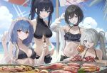  4girls :t alternate_costume arius_squad_(blue_archive) atsuko_(blue_archive) beach beach_umbrella bikini black_bikini black_hair blue_archive blue_eyes blue_halo blue_sky blunt_bangs blush bow breasts brown_hair closed_mouth cloud cloudy_sky collarbone commentary_request cooking eating food frilled_bikini frilled_bikini_top frills grey_eyes grey_hair grilling hair_between_eyes hair_bow hair_intakes hair_over_one_eye halo halterneck head_wreath highleg highleg_panties highres hiyori_(blue_archive) looking_at_viewer low_twintails meat medium_breasts midriff misaki_(blue_archive) multiple_girls navel ocean off_shoulder open_clothes open_mouth open_shirt outdoors panties parted_bangs ponytail purple_hair red_eyes red_halo ryouta_(ryouta335) saori_(blue_archive) see-through see-through_shirt shirt short_hair sky small_breasts stomach swimsuit twintails umbrella underwear white_halo white_shirt yellow_bow 
