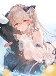  1girl anchorage_(azur_lane) anchorage_(dolphins_and_swim_lessons)_(azur_lane) azur_lane bandaid bare_shoulders blush brown_hair collarbone commentary_request crossed_bangs hair_ornament long_hair long_sleeves looking_at_viewer official_alternate_costume parted_lips red_eyes sea_nami see-through signature smile swimsuit twintails 