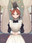  1girl animal animal_on_head apron black_cat brown_hair cat cat_on_head curtains dress flower green_eyes hair_flower hair_ornament highres indoors looking_at_viewer maid maid_apron maid_headdress okakasushi on_head original short_hair solo standing window 