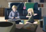  1boy 1girl :d absurdres black_pants black_shorts blonde_hair blue_eyes blue_hoodie blurry blurry_background blurry_foreground bookshelf brother_and_sister can character_doll chips_(food) closed_mouth commentary controller couch cushion depth_of_field food game_controller green_shirt hair_between_eyes highres holding holding_controller holding_game_controller hood hoodie hoshino_ai_(oshi_no_ko) hoshino_aquamarine hoshino_ruby indian_style indoors long_hair long_sleeves looking_at_another looking_at_viewer mismatched_pupils no_pupils one_side_up open_mouth oshi_no_ko pants picture_(object) pink_eyes potato_chips puffy_sleeves shirt short_hair short_sleeves shorts siblings sidelocks sitting smile star-shaped_pupils star_(symbol) sun_x symbol-only_commentary symbol-shaped_pupils t-shirt teeth twins upper_teeth_only 