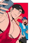  2boys absol_(dkqthf) bara baseball_cap beard black_gloves black_hair blue_shirt blush closed_mouth facial_hair fingerless_gloves gloves hat holding holding_phone large_pectorals male_focus multiple_boys muscular muscular_male open_mouth original pectorals phone red_tank_top selfie shirt short_hair sidecut tank_top tongue tongue_out towel towel_around_neck v 