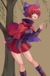  1girl absurdres black_footwear black_shirt blue_bow blush boots bow cape disembodied_head feet_out_of_frame hair_bow highres koizumo long_sleeves open_mouth red_cape red_eyes red_hair red_skirt sekibanki shirt short_hair skirt solo touhou 