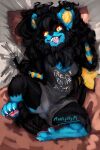  2023 4_toes anthro artist_name bedding black_body black_fur black_hair black_nose blue_body blue_fur bodily_fluids bottomwear clothing english_text feet female fur generation_4_pokemon hair hi_res inner_ear_fluff long_hair luxray motorcyclemurphy multicolored_body multicolored_fur nintendo open_mouth open_smile pawpads pillow pokemon pokemon_(species) pupils saliva sharp_teeth shirt shorts signature slit_pupils smile soles solo spread_legs spreading tank_top teeth text text_on_clothing toes tongue tongue_out topwear tuft two_tone_body two_tone_fur yellow_eyes 