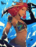  1girl artist_name blue_background blue_lips circlet dark-skinned_female dark_skin dual_wielding electricity green_eyes highres holding holding_sword holding_weapon jewelry koyorin midriff navel pointy_ears red_hair riju scimitar sword the_legend_of_zelda the_legend_of_zelda:_tears_of_the_kingdom toned weapon 