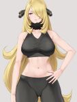  1girl armpit_crease black_pants blonde_hair breasts collarbone commentary_request crop_top cynthia_(pokemon) fur_collar grey_eyes hair_ornament hair_over_one_eye hand_on_own_hip highres large_breasts leggings long_hair midriff navel oyasu_(kinakoyamamori) pants pokemon pokemon_(game) pokemon_dppt solo v-neck very_long_hair wavy_hair 