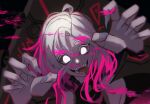  1girl ahoge blood bound bound_wrists briar_(league_of_legends) colored_sclera dark_background fingernails grey_hair hair_between_eyes highres league_of_legends long_hair looking_at_viewer nail_polish no_pupils open_mouth pillory pink_blood pink_hair red_sclera shadow sharp_fingernails sidelocks simple_background solo teeth tongue tongue_out upper_body white_eyes white_nails wrist_cuffs zombie_(saketyaduke_umeee) 