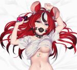  1girl animal_ears areola_slip ball_gag blue_eyes breasts cellphone clothes_lift collar gag hakos_baelz holding holding_phone hololive hololive_english incoming_call irys_(hololive) lying medium_breasts mouse_ears mouse_girl navel on_back phone red_hair shirt_lift smartphone solo spiked_collar spikes stomach thanabis underboob upper_body virtual_youtuber 