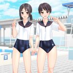  2girls absurdres black_hair black_one-piece_swimsuit black_sailor_collar blue_sky breasts brown_eyes cameltoe cloud collarbone commentary_request competition_school_swimsuit covered_navel day feet_out_of_frame highres lifeguard_chair looking_at_viewer low_twintails multiple_girls new_school_swimsuit one-piece_swimsuit original outdoors pool poolside sailor_collar sailor_shirt school_swimsuit school_uniform serafuku shirt short_hair sky small_breasts starting_block swimsuit swimsuit_under_clothes takafumi twintails v white_shirt 