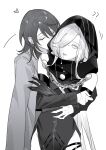  2girls ? ?? absurdres chief_(path_to_nowhere) closed_eyes elbow_gloves gloves greyscale hair_between_eyes hair_over_one_eye heart highres hood hoodie hug jacket kiss kissing_cheek long_hair long_sleeves looking_at_another medium_hair monochrome multiple_girls nose_piercing nox_(path_to_nowhere) parted_lips path_to_nowhere piercing simple_background toho10min white_background yuri 