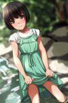  1girl absurdres belt black_hair blurry blurry_background blush bob_cut boulder breasts brown_eyes clothes_lift commentary cowboy_shot day depth_of_field dress dress_lift dripping dutch_angle foliage green_belt green_dress hair_strand highres lifted_by_self light_smile looking_at_viewer matsunaga_kouyou nose_blush original outdoors parted_lips partially_submerged pinafore_dress ripples shirt short_hair short_sleeves sleeveless sleeveless_dress small_breasts smile solo standing stream t-shirt tree wading water water_drop waterfall wet wet_clothes white_shirt 