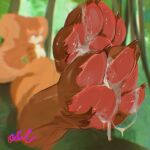  1:1 ambiguous_gender anthro big_tail bodily_fluids brown_body brown_claws brown_fur claws cum cum_on_feet depth_of_field feet foot_focus fur genital_fluids glistening glistening_pawpads hi_res orange_body orange_fur orange_tail oselotti paw_tuft pawpads red_pawpads signature solo striped_arms striped_legs tail toe_claws 