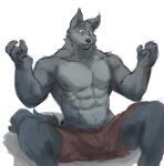  2022 abs absurd_res anthro black_nose bottomwear bulge canid canine canis clothed clothing countershade_fur countershade_torso countershading eyebrows fur grey_body grey_countershading grey_fur hi_res jephhhad male mammal muscular muscular_anthro muscular_male nipples open_mouth pecs red_bottomwear red_clothing red_eyes red_shorts shorts shorts_only simple_background sitting snout solo tail teeth_showing white_background wolf 