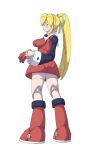  1girl absurdres aged_up android blush boots breasts closed_mouth dress frown full_body green_eyes green_ribbon hair_ribbon highres joints knee_boots legs_apart long_hair long_sleeves looking_back medium_breasts mega_man_(classic) mega_man_(series) ponytail powerhamuhamu red_dress red_footwear ribbon robot_joints roll_(mega_man) sagging_breasts short_dress simple_background solo standing v-shaped_eyebrows very_long_hair white_background 