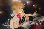  1girl blonde_hair bocchi_the_rock! bracelet character_name collared_shirt drum drumsticks english_text holding holding_drumsticks ijichi_nijika instrument jewelry kuroduki_(pieat) light_blush long_hair microphone red_eyes shirt short_sleeves side_ponytail sidelocks smile solo stage_lights sweat teeth v white_shirt 