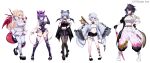  6+girls absurdres akagi_(sk0127aho) blonde_hair blood blue_eyes boots breasts bsapricot_(vtuber) bsapricot_(vtuber)_(froot_2.0) choker commentary copyright_name demon_girl demon_horns demon_wings english_commentary full_body glasses gloves grey_hair hat heterochromia high_heels highres horns kson large_breasts leotard long_hair looking_at_viewer medium_breasts melody_(projektmelody) midriff miniskirt multiple_girls navel one_eye_closed open_mouth pantyhose pink_eyes ponytail purple_hair short_hair shorts skirt standing thigh_strap thighhighs tongue vshojo wings 