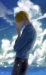  1boy 72ki belt bird black_belt black_pants blonde_hair blue_shirt blue_sky cigarette cloud cowboy_shot dress_shirt facial_hair hair_over_eyes highres holding light_particles looking_down male_focus one_piece pants sanji_(one_piece) shirt shirt_tucked_in short_hair sky sleeves_rolled_up smoke smoking 