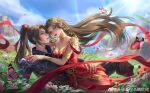  1boy 1girl absurdres brown_hair bug butterfly cai_lin_(doupo_cangqiong) doupo_cangqiong dress falling_petals flower grass hand_on_another&#039;s_hip highres light_rays long_hair mountain outdoors parted_lips petals pointy_ears rainbow red_dress red_eyes second-party_source smile sun teeth xiao_yan_(doupo_cangqiong) yu_yin_yuyu 