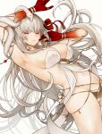  1girl arm_up armlet armpits bare_shoulders belly_chain blush body_markings bracelet breasts cleavage colored_skin durga_(fate) earrings facial_mark fate/grand_order fate_(series) forehead_mark gradient_skin grey_hair hair_ribbon highres jewelry large_breasts long_hair looking_at_viewer orange_eyes pelvic_curtain red_skin revealing_clothes ribbon sash snake solo sumi_(gfgf_045) thighs thumb_ring very_long_hair 