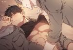  2boys abs bare_pectorals black_eyes black_shirt blush brown_hair closed_mouth clothes_lift highres ilay_riegrow jeong_taeui lifted_by_another male_focus manhwa multiple_boys muscular muscular_male o_ssion passion_(manhwa) pectorals shirt shirt_lift smile sweat underpec white_hair yaoi 