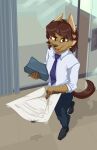 absurd_res anthro brown_eyes brown_hair hair hi_res hyena johnnypescado male mammal office office_clothing paper paws solo spots tail 