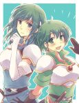  2girls :d armor breastplate fire_emblem fire_emblem:_thracia_776 green_eyes green_hair harushino karin_(fire_emblem) looking_at_viewer misha_(fire_emblem) multiple_girls open_mouth pauldrons short_hair shoulder_armor smile waving white_bridal_gauntlets 