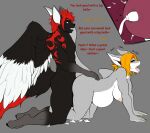  absurd_res all_fours alodiel_lamni_(custom_ink) anthro anthro_on_anthro black_sclera bodily_fluids breasts canid canine canis cheating_wife cum cum_inflation dialogue doggystyle duo english_text female fish from_behind_position fur genital_fluids hair hand_on_butt hi_res impregnation infidelity inflation male male/female male_penetrating mammal marine nude open_mouth orange_hair penetration red_hair sex shark simple_background skapu tattoo text tongue tongue_out wings wolf xion_archaeus 