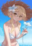  1girl baby_bao bikini blonde_hair blue_sky blush breasts cleavage closed_mouth collarbone day flower genshin_impact hair_between_eyes hair_flower hair_ornament hat highres holding holding_flower large_breasts looking_at_viewer lumine_(genshin_impact) navel short_hair_with_long_locks sky smile solo straw_hat swimsuit wet white_bikini yellow_eyes 