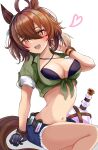  1girl agnes_tachyon_(lunatic_lab)_(umamusume) agnes_tachyon_(umamusume) ahoge alternate_eye_color animal_ears bikini black_bikini blush breasts brown_eyes brown_hair cleavage commentary_request denim denim_shorts flask gloves green_jacket hair_between_eyes hanamura_pink heart highres horse_ears horse_girl horse_tail jacket looking_at_viewer medium_breasts navel official_alternate_costume round-bottom_flask shorts simple_background single_glove sleeves_rolled_up smile solo swimsuit tail teeth tied_jacket umamusume upper_teeth_only white_background wristband 