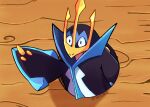  artist_name empoleon highres looking_at_viewer madagascar_(series) no_humans pointing pokemon pokemon_(creature) pokemon_(game) pokemon_dppt taplaos watermark wood wooden_wall 