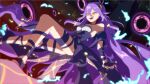  1girl :d armpits ass bare_shoulders black_dress black_gloves breasts commentary_request dress fingerless_gloves floating_hair fopasu gloves hair_between_eyes highres honkai_(series) honkai_impact_3rd long_hair looking_away medium_breasts orange_eyes purple_hair sirin smile solo very_long_hair 