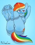  2020 5_toes anthro anthrofied areola blue_areola blue_background blue_body blue_nipples blue_skin breasts butt collarbone cutie_mark digital_media_(artwork) equid equine feet female female_focus foot_fetish foot_focus friendship_is_magic genitals hair half-closed_eyes hasbro hi_res humanoid_feet legs_up long_tail looking_at_viewer mammal mrchasecomix multicolored_hair multicolored_tail my_little_pony narrowed_eyes nipples pink_eyes plantigrade pussy rainbow_dash_(mlp) rainbow_hair rainbow_tail raised_arms signature simple_background smile smirk soles solo tail toes 