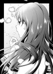  1girl black_border border closed_mouth floating_hair from_behind grey_background greyscale hand_up highres ice_cream_kanojo kawai_miruku kuune_rin long_hair looking_at_viewer looking_back monochrome petals school_uniform shirt short_sleeves simple_background solo upper_body 