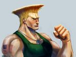  1boy american_flag_tattoo bara blonde_hair blush clenched_hand cris_art dog_tags from_side frown guile large_pectorals long_sideburns male_focus mature_male muscular muscular_male pectorals short_hair sideburns solo street_fighter thick_eyebrows upper_body 