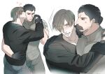  2boys anger_vein bara black_gloves black_pants black_shirt blush brown_hair chris_redfield curtained_hair facial_hair gloves grey_shirt hand_on_another&#039;s_face heart hug kiss kissing_cheek large_pectorals leon_s._kennedy looking_at_another male_focus multiple_boys muscular muscular_male pants pectorals resident_evil resident_evil_6 shirt short_hair ugoxqwfqpzfmbu2 yaoi 
