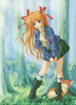  1990s_(style) 1girl :d ^_^ black_footwear black_skirt blue_eyes blue_jacket boots closed_eyes commentary_request day eyes_visible_through_hair floating_hair forest fox full_body grass hair_between_eyes hair_ribbon hand_on_own_thigh happy highres jacket kanon leaning_forward long_hair long_ribbon long_sleeves longmei_er_de_tuzi looking_at_viewer miniskirt nature open_clothes open_jacket open_mouth orange_hair outdoors pleated_skirt red_ribbon retro_artstyle ribbon sawatari_makoto shirt sidelocks skirt smile solo standing tree two_side_up v_arms very_long_hair yellow_shirt 