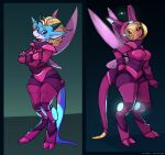  2023 anthro armor artist_name blonde_hair blue_body crossed_arms dated dragon erika_(javanshir) eyebrows feet female fingers hair headgear helmet horn javanshir looking_at_viewer multicolored_body standing tail toes tongue tongue_out two_tone_body white_body 