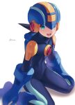  1boy :d blue_bodysuit blue_headwear blurry bodysuit brown_hair covered_collarbone depth_of_field green_eyes happy helmet highres male_focus mega_man_(series) mega_man_battle_network_(series) megaman.exe open_mouth short_hair simple_background sitting smile solo spiked_hair teeth twitter_username upper_teeth_only white_background zero-go 