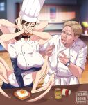  1boy 1girl absurdres arthropod_limbs black_gloves black_tears bread breasts chainsaw_man chef chef_hat crossover disembodied_head elbow_gloves extra_arms falling_devil_(chainsaw_man) flat_top_chef_hat food fried_egg gloves gordon_ramsay hat hell&#039;s_kitchen highres holding_head holding_own_arm large_breasts long_arms paid_reward_available real_life sandwich sebasdono severed_head short_hair 