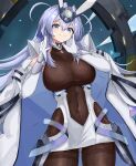 1girl :3 absurdly_long_hair absurdres armor azur_lane blue_eyes blue_hair bodystocking breasts center_opening cleavage closed_mouth clothing_cutout coat coat_on_shoulders commentary covered_collarbone covered_navel cowboy_shot dress elbow_gloves faulds gloves hair_between_eyes hair_intakes hands_up headgear highres kesseil large_breasts long_hair looking_at_viewer new_jersey_(azur_lane) rigging see-through see-through_cleavage side_cutout sidelocks smile solo standing very_long_hair white_coat white_dress white_gloves 